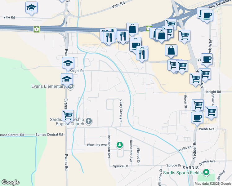 map of restaurants, bars, coffee shops, grocery stores, and more near 45302 Jasper Drive in Chilliwack