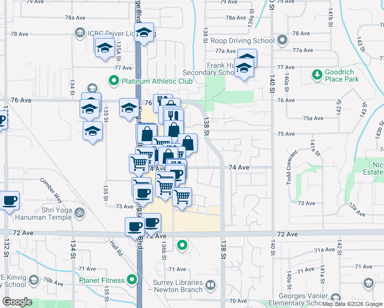 map of restaurants, bars, coffee shops, grocery stores, and more near 13733 74 Avenue in Surrey