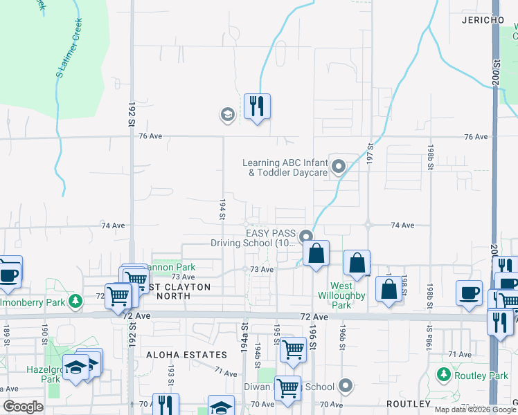 map of restaurants, bars, coffee shops, grocery stores, and more near 14 19483 74 Avenue in Surrey