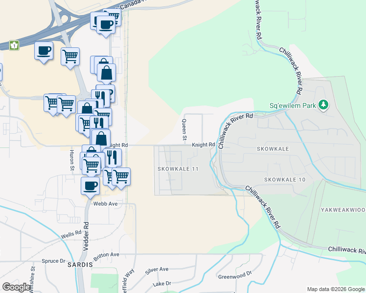 map of restaurants, bars, coffee shops, grocery stores, and more near 45961 Knight Road in Chilliwack