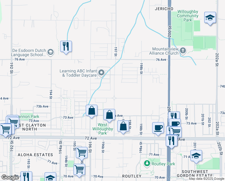 map of restaurants, bars, coffee shops, grocery stores, and more near 7441 197 Street in Langley Township