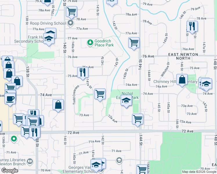 map of restaurants, bars, coffee shops, grocery stores, and more near 7450 142 Street in Surrey