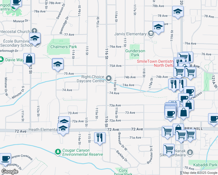 map of restaurants, bars, coffee shops, grocery stores, and more near 7420 116 Street in Delta