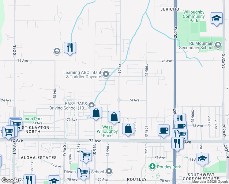 map of restaurants, bars, coffee shops, grocery stores, and more near 19756 74A Avenue in Langley Township