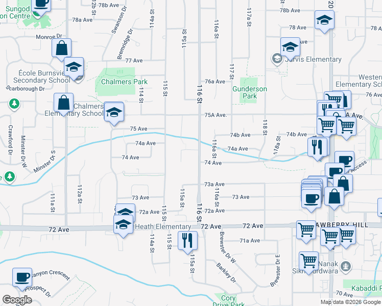 map of restaurants, bars, coffee shops, grocery stores, and more near 11586 Parkwood Place in Delta