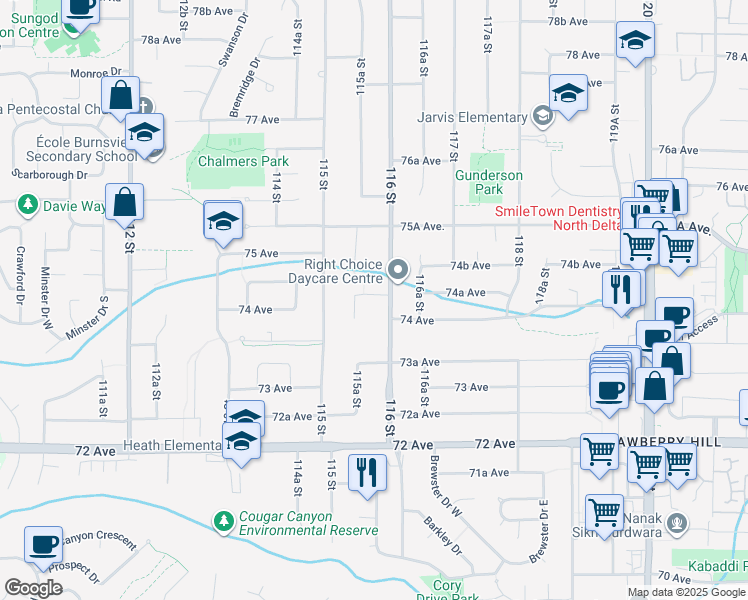 map of restaurants, bars, coffee shops, grocery stores, and more near 11586 Parkwood Place in Delta