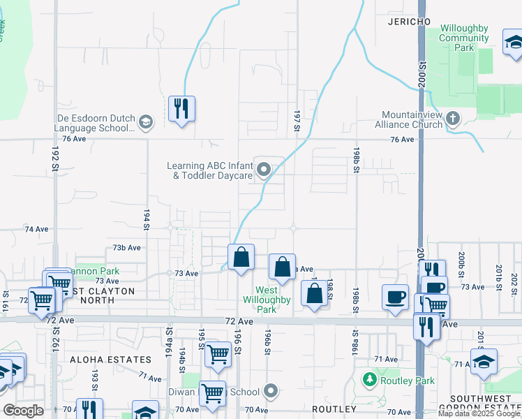 map of restaurants, bars, coffee shops, grocery stores, and more near 74A Avenue in Langley Township