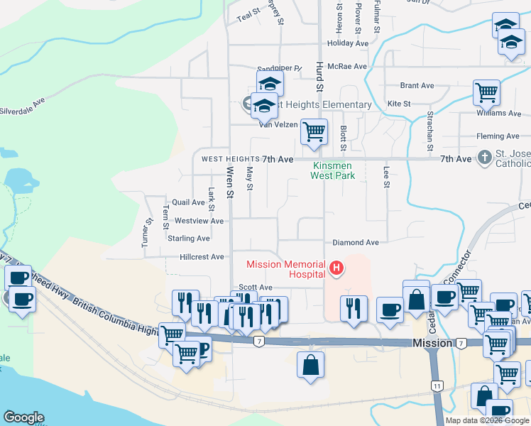 map of restaurants, bars, coffee shops, grocery stores, and more near 7513 Cottonwood Street in Mission