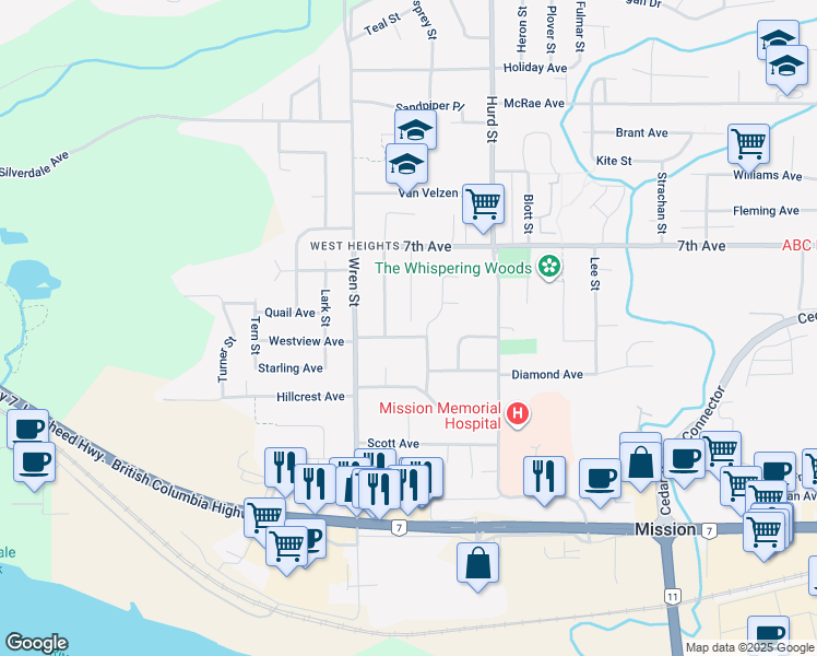 map of restaurants, bars, coffee shops, grocery stores, and more near 32073 Westview Avenue in Mission