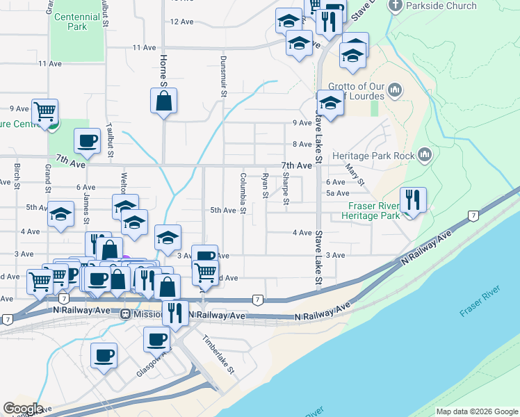 map of restaurants, bars, coffee shops, grocery stores, and more near 7500 Columbia Street in Mission