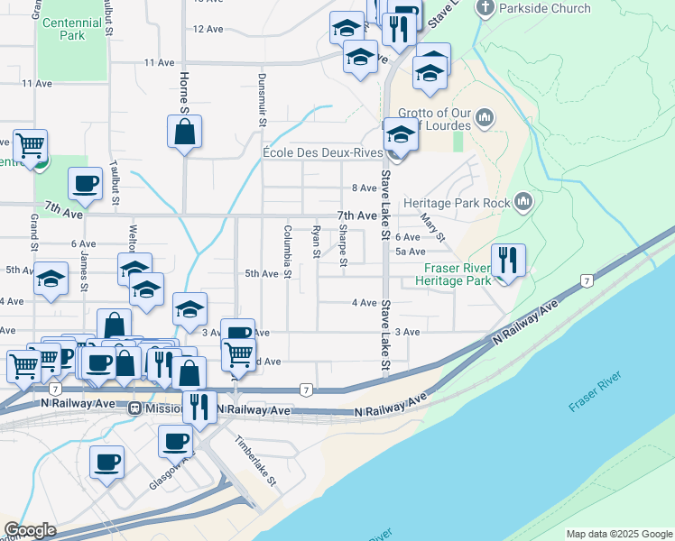 map of restaurants, bars, coffee shops, grocery stores, and more near 33569 5th Avenue in Mission