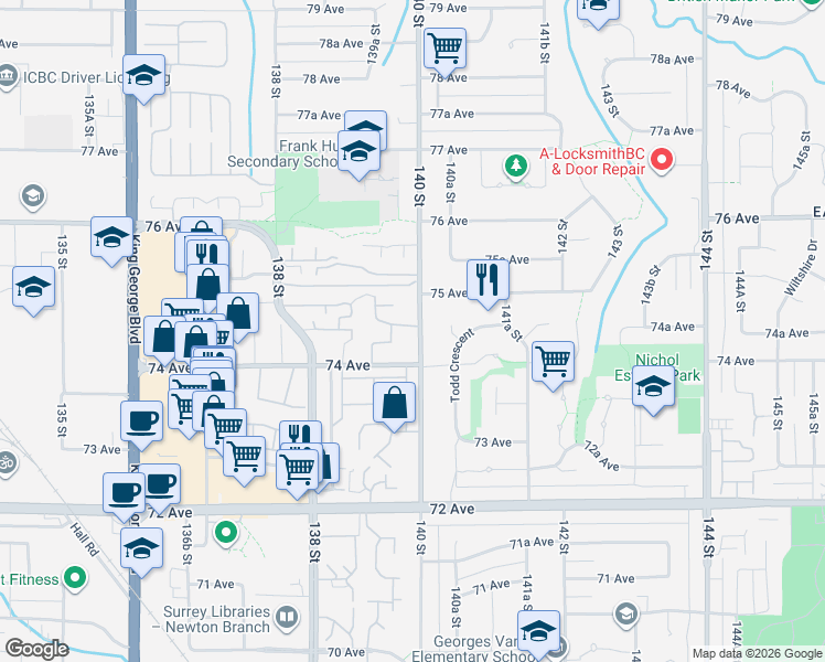 map of restaurants, bars, coffee shops, grocery stores, and more near 7447 140 Street in Surrey