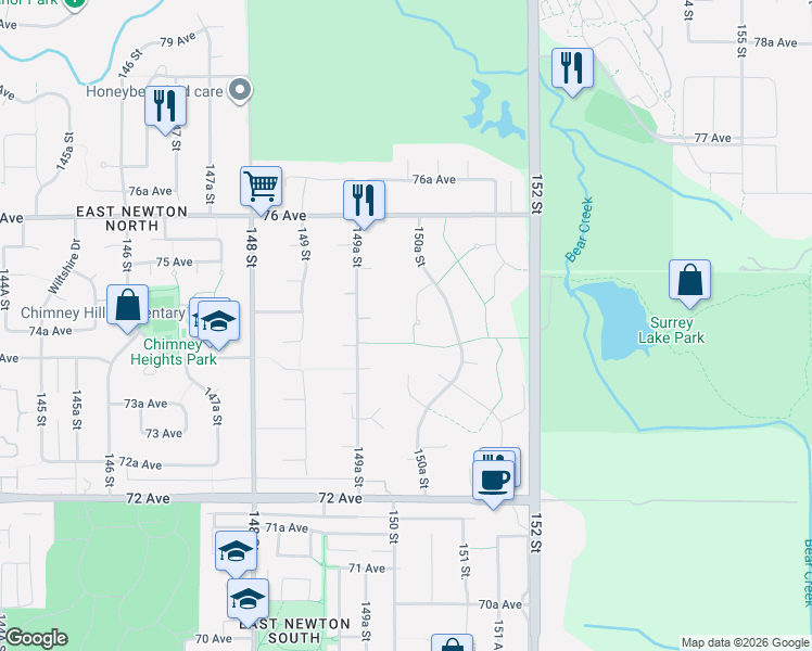 map of restaurants, bars, coffee shops, grocery stores, and more near 15007 75 Avenue in Surrey