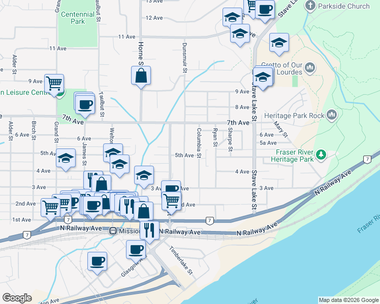 map of restaurants, bars, coffee shops, grocery stores, and more near 33469 5 Avenue in Mission