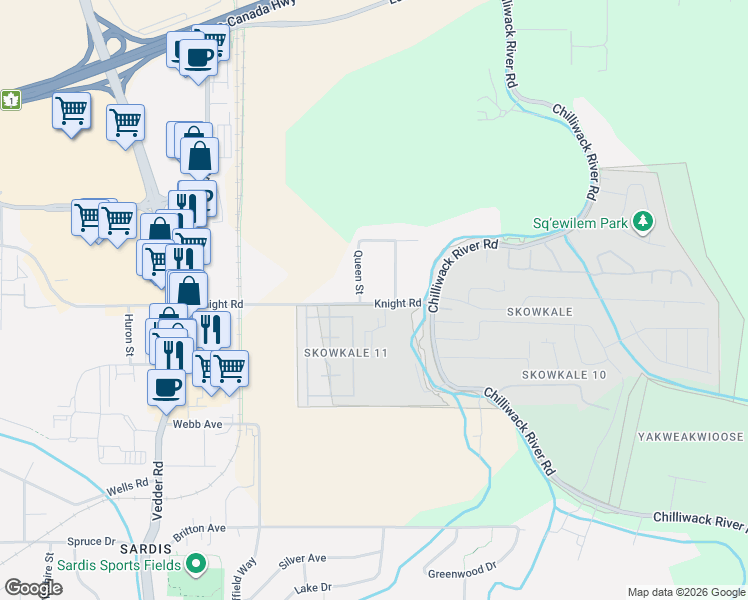 map of restaurants, bars, coffee shops, grocery stores, and more near 46021 Knight Road in Chilliwack
