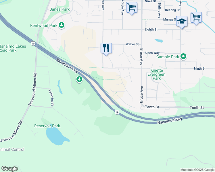 map of restaurants, bars, coffee shops, grocery stores, and more near 540 Grewal Place in Nanaimo