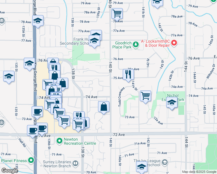 map of restaurants, bars, coffee shops, grocery stores, and more near 7447 140 Street in Surrey