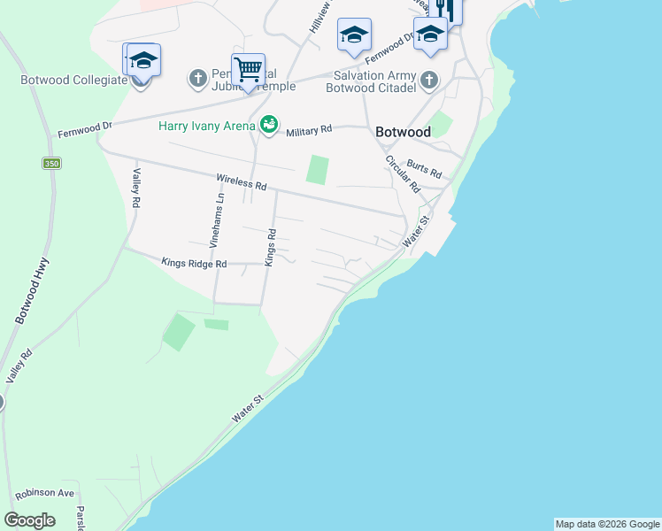 map of restaurants, bars, coffee shops, grocery stores, and more near Hill Road in Botwood