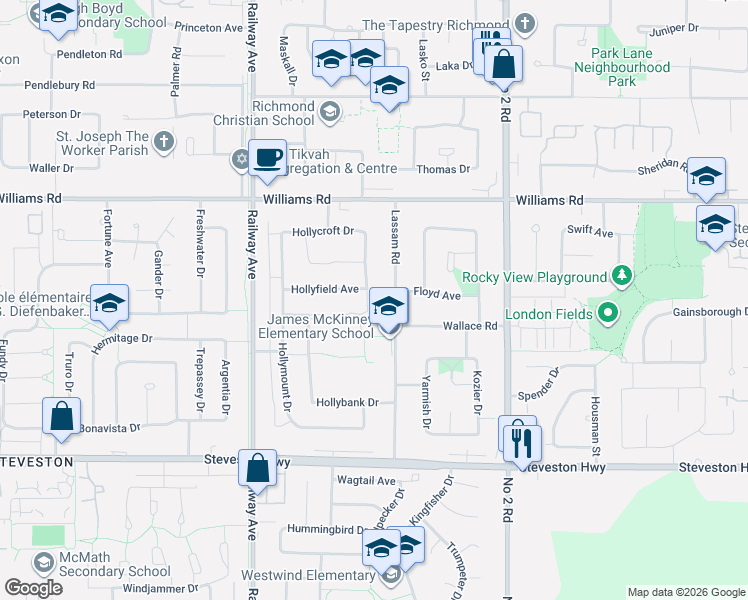 map of restaurants, bars, coffee shops, grocery stores, and more near 10280 Hollywell Drive in Richmond