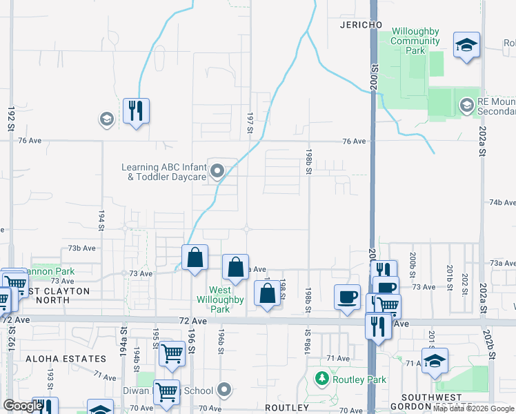 map of restaurants, bars, coffee shops, grocery stores, and more near 7461 197A Street in Langley Township