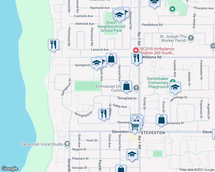 map of restaurants, bars, coffee shops, grocery stores, and more near 3451 Solway Drive in Richmond