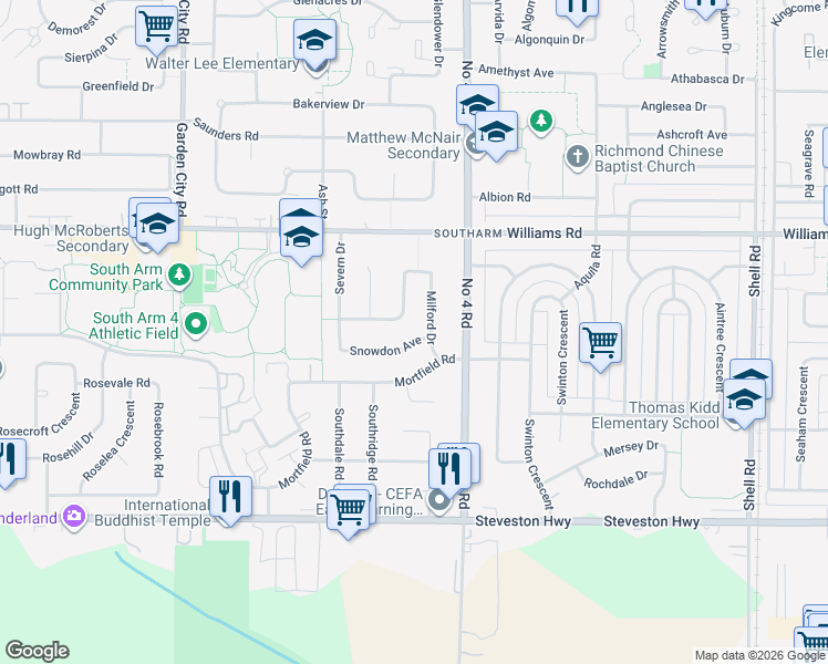 map of restaurants, bars, coffee shops, grocery stores, and more near 9731 Snowdon Avenue in Richmond