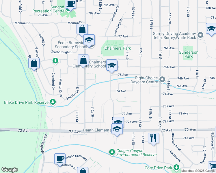 map of restaurants, bars, coffee shops, grocery stores, and more near 7441 113 Street in Delta