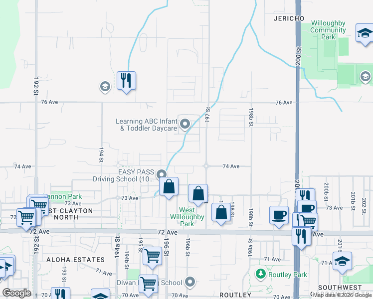 map of restaurants, bars, coffee shops, grocery stores, and more near 19655 74A Avenue in Langley Township