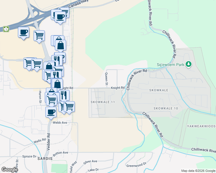 map of restaurants, bars, coffee shops, grocery stores, and more near 45961 Knight Road in Chilliwack