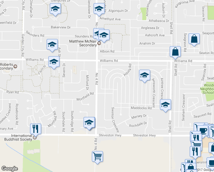 map of restaurants, bars, coffee shops, grocery stores, and more near 10408 Dennis Crescent in Richmond