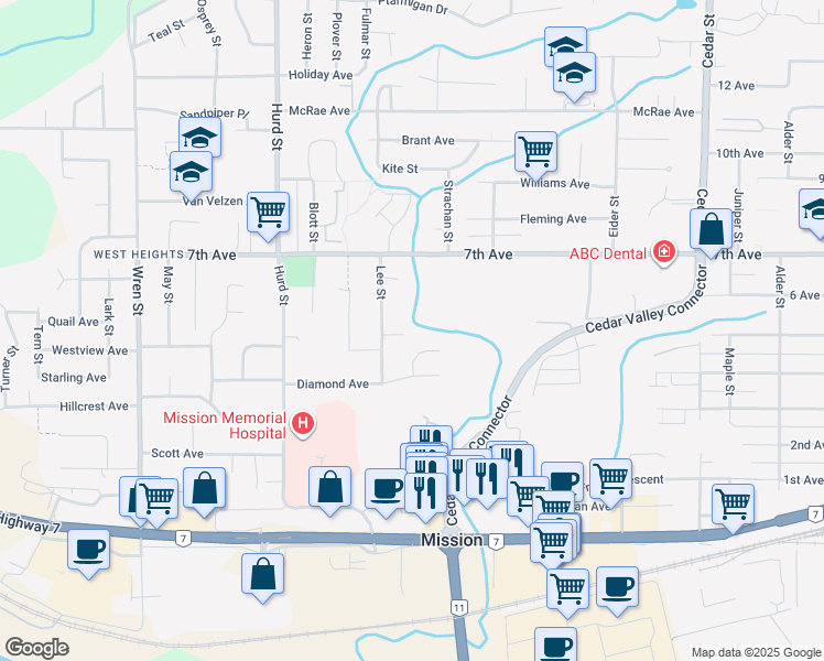 map of restaurants, bars, coffee shops, grocery stores, and more near 32389 Chickadee Avenue in Mission