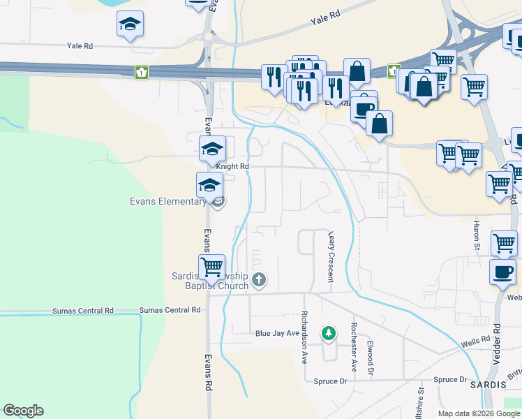 map of restaurants, bars, coffee shops, grocery stores, and more near 7505 Garnet Drive in Chilliwack