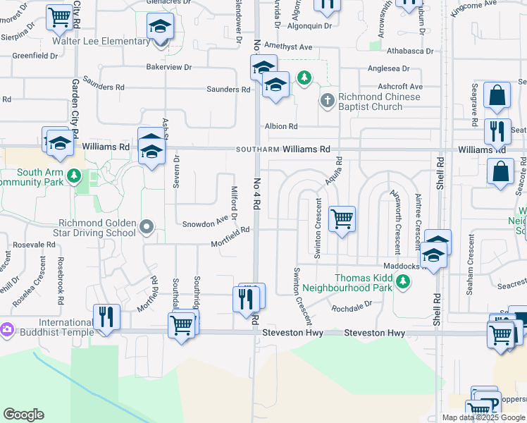 map of restaurants, bars, coffee shops, grocery stores, and more near 10220 Number 4 Road in Richmond