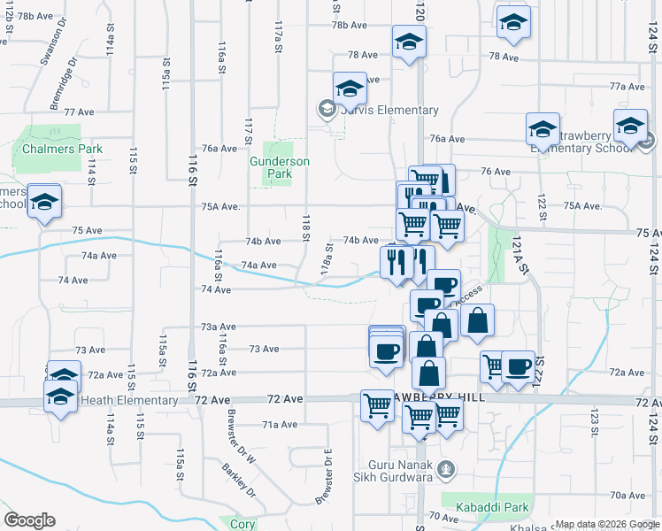 map of restaurants, bars, coffee shops, grocery stores, and more near 7436 118A Street in Delta