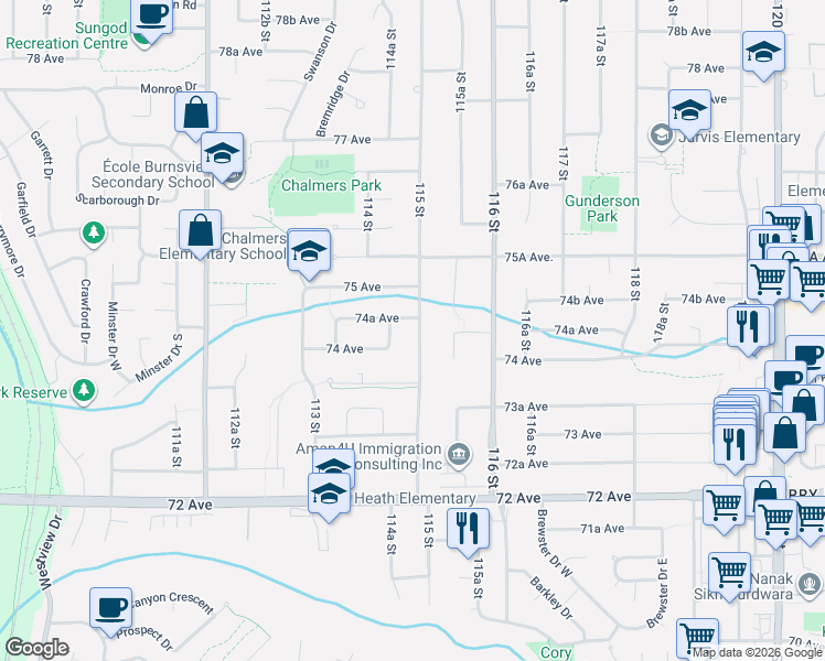 map of restaurants, bars, coffee shops, grocery stores, and more near 7427 115 Street in Delta