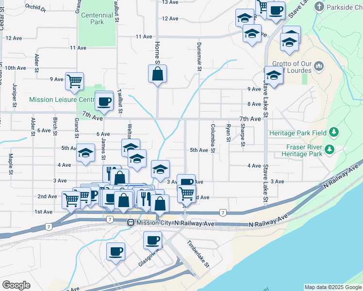 map of restaurants, bars, coffee shops, grocery stores, and more near 7507 Murray Street in Mission