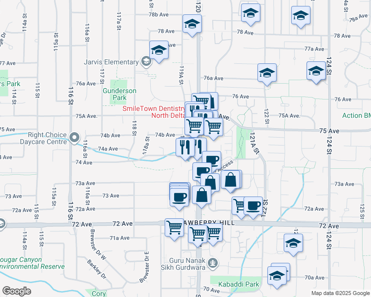 map of restaurants, bars, coffee shops, grocery stores, and more near 7436 119A Street in Delta