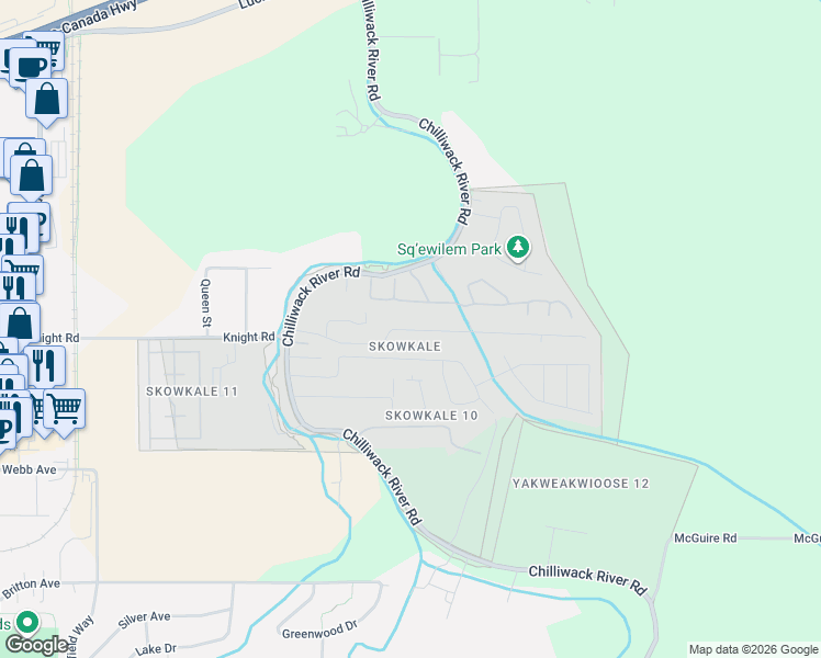 map of restaurants, bars, coffee shops, grocery stores, and more near 46296 Ranchero Drive in Chilliwack