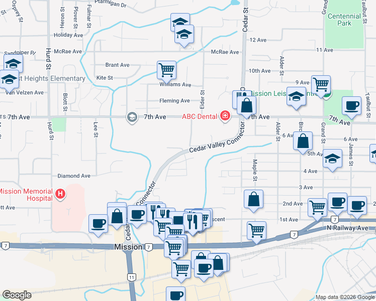 map of restaurants, bars, coffee shops, grocery stores, and more near 7305 Cedar Valley Connector in Fraser Valley Regional District