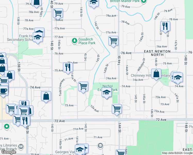 map of restaurants, bars, coffee shops, grocery stores, and more near 14339 74A Avenue in Surrey
