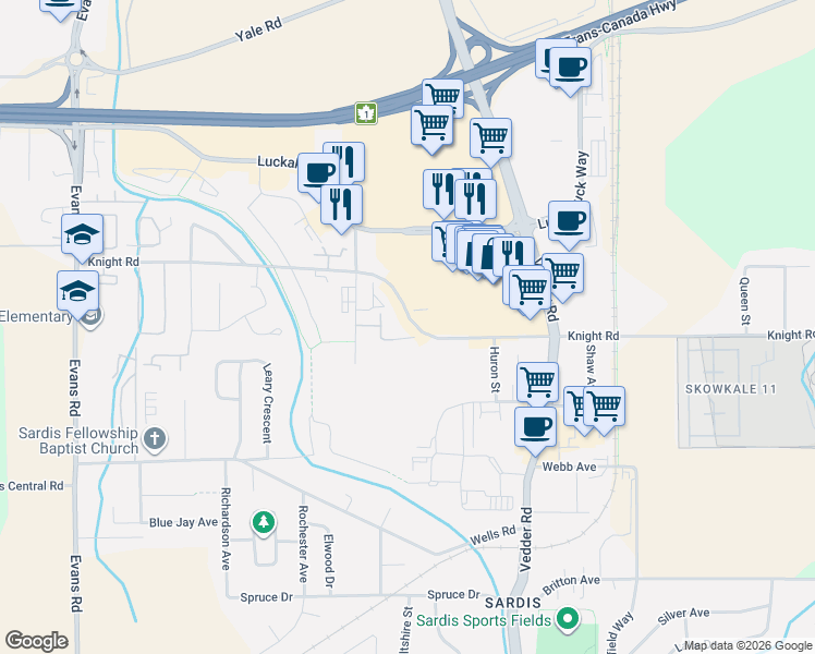 map of restaurants, bars, coffee shops, grocery stores, and more near 45520 Knight Road in Chilliwack