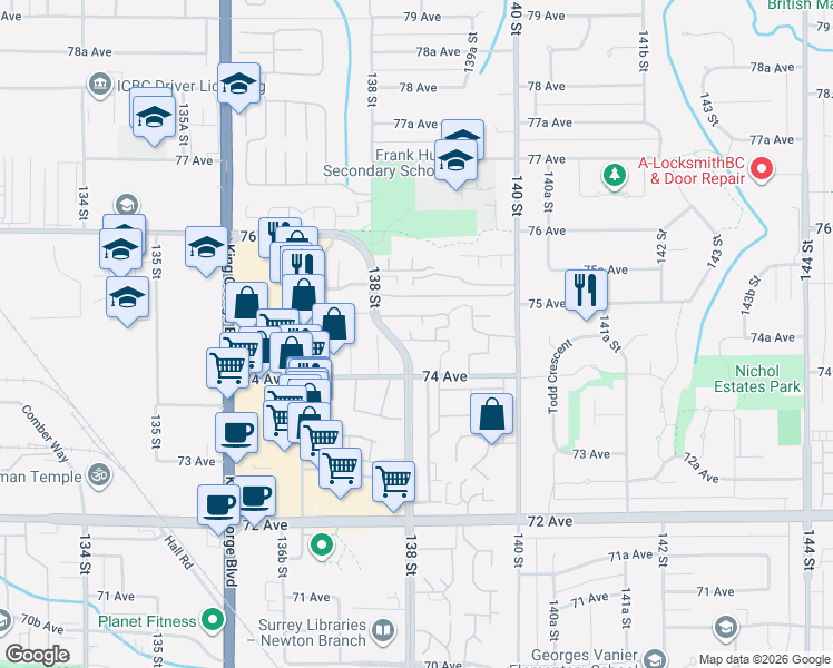 map of restaurants, bars, coffee shops, grocery stores, and more near 7468 138 Street in Surrey