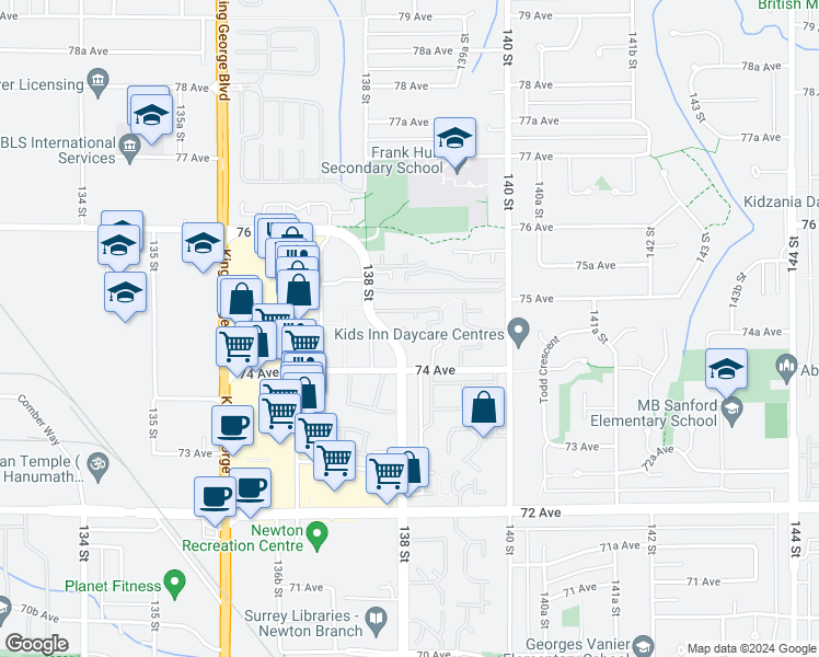 map of restaurants, bars, coffee shops, grocery stores, and more near 7468 138 Street in Surrey