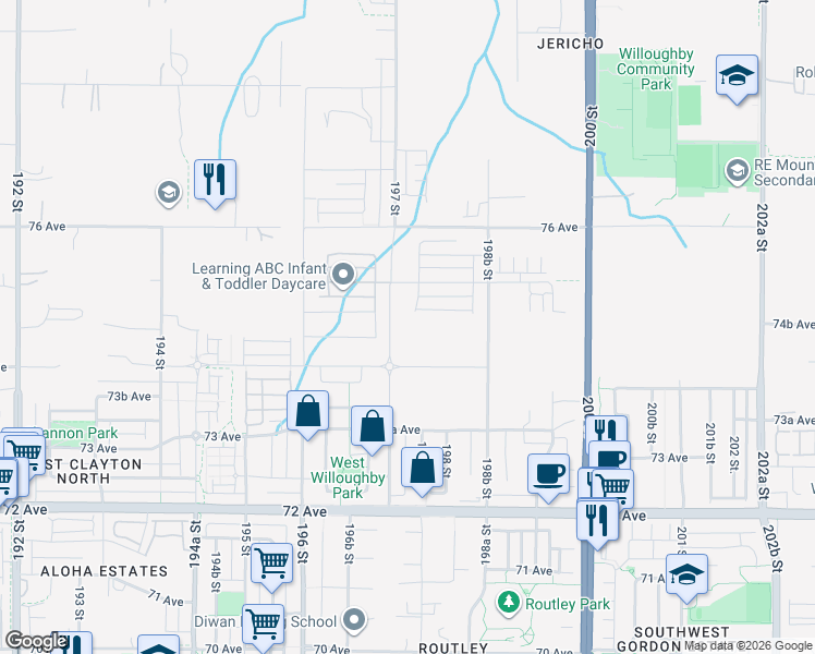 map of restaurants, bars, coffee shops, grocery stores, and more near 7469 197A Street in Langley Township