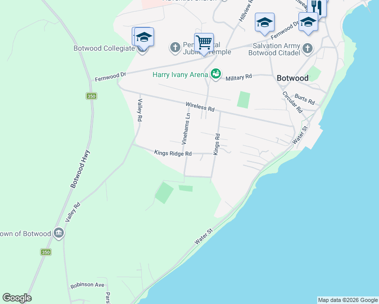 map of restaurants, bars, coffee shops, grocery stores, and more near 8 Kings Ridge Road in Botwood