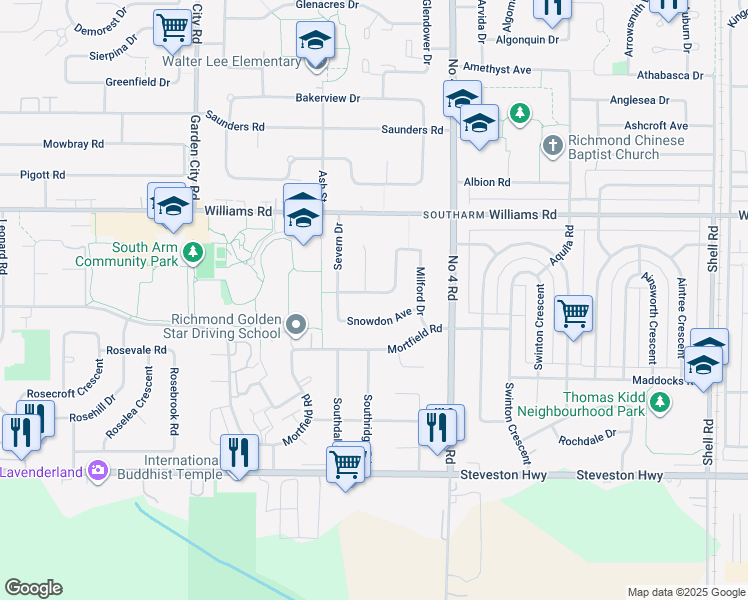 map of restaurants, bars, coffee shops, grocery stores, and more near 9600 Swansea Drive in Richmond