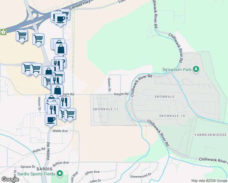 map of restaurants, bars, coffee shops, grocery stores, and more near 46021 Knight Road in Chilliwack