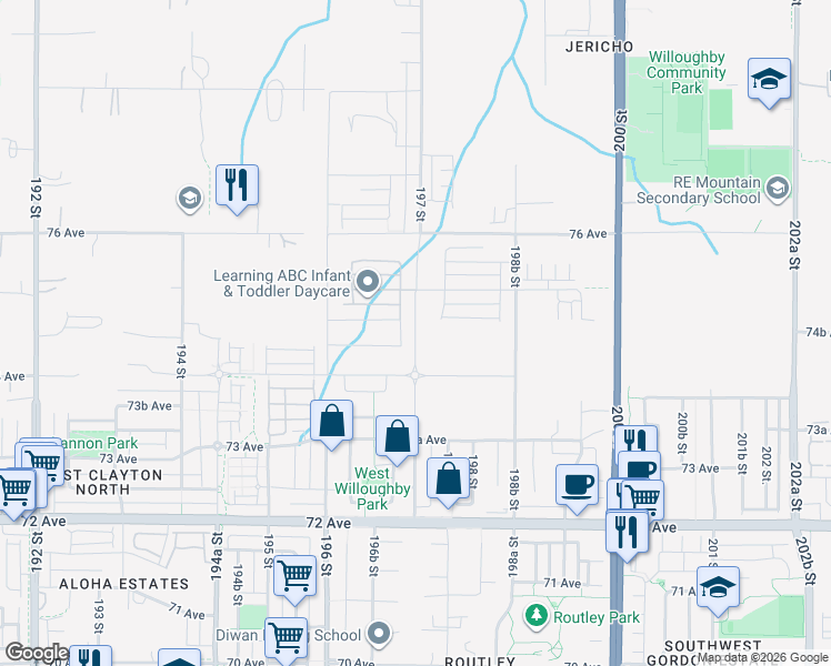 map of restaurants, bars, coffee shops, grocery stores, and more near 7477 197 Street in Langley