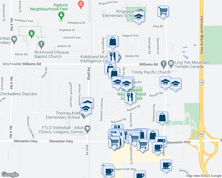map of restaurants, bars, coffee shops, grocery stores, and more near 11500 Seafield Crescent in Richmond