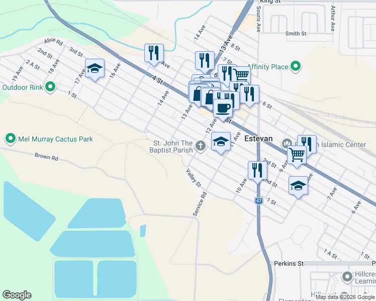 map of restaurants, bars, coffee shops, grocery stores, and more near 1209 1 Street in Estevan